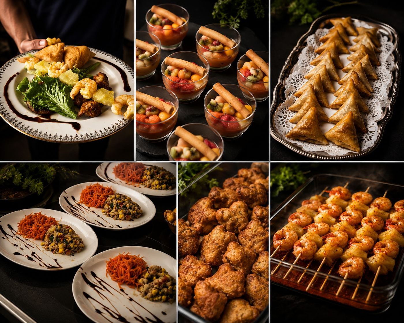 Buffet créole du Paille en Queue : assiette apéritive, verrines de fruits, samoussas, assiettes d'entrée, beignets et brochettes de crevettes