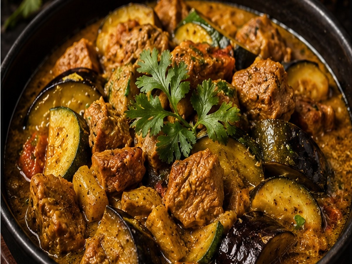 Porc colombo, plat créole préparé par Le Paille en Queue, traiteur en Dordogne